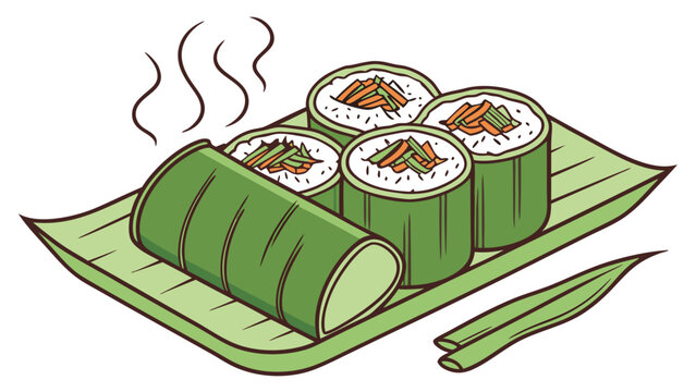 Traditional Indonesian Lemper or Lontong Rice Cake on Banana Leaf Illustration