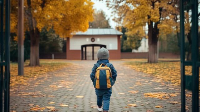 Young child with backpack facing school gate in autumn setting. Back to School, School Season, First Day of School - Education Supplies, Academic Year Beginning