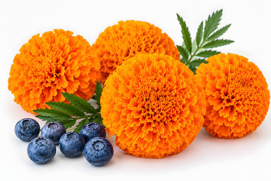 Deep Orange African Marigolds and Wild Bilberries for Eye-Care Concept