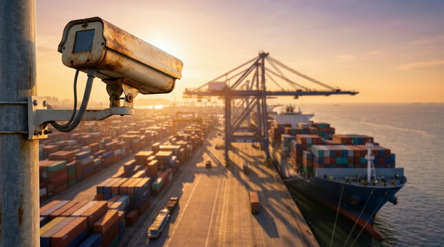 Surveillance system monitoring cargo terminal at shipping port during sunset, for global logistics and trade security.