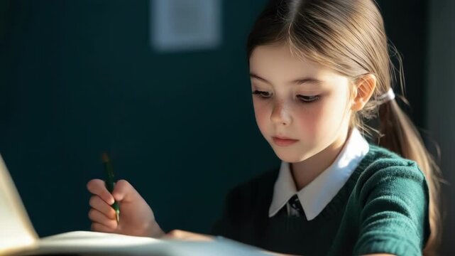 Young caucasian girl engaged in studious writing at desk in green sweater. Back to School, School Season, First Day of School - Education Supplies, Academic Year Beginning
