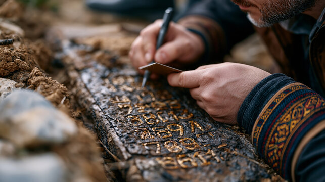 A curious archaeologist photographs a newly excavated Soviet-era probe panel in a Kazakhstani steppe, close up hands gripping a reference card beside corroded serial numbers in a shallow trench, per