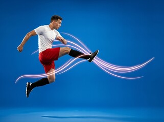 Fototapeta premium Male athlete executing a powerful high kick in mid-air, wearing sports attire on a bright blue backdrop.