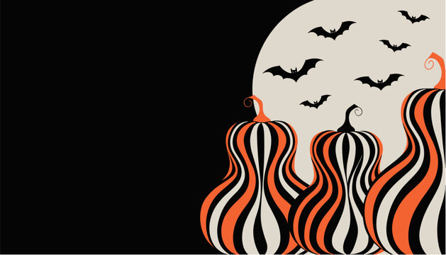 Halloween pumpkins and bats in unique vector design, orange black Halloween background 