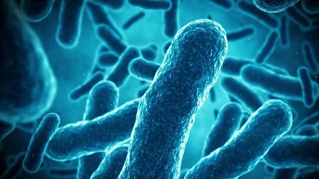 Microscopic 3D Rendering of Blue Rod Shaped Bacteria