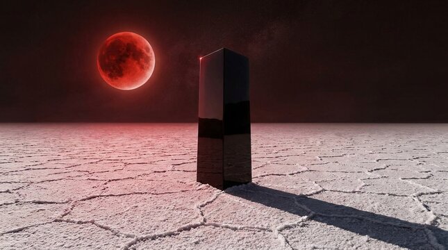 Massive polished black obsidian monolith standing alone in a vast stark white desert salt flat under a glowing red blood moon landscape.