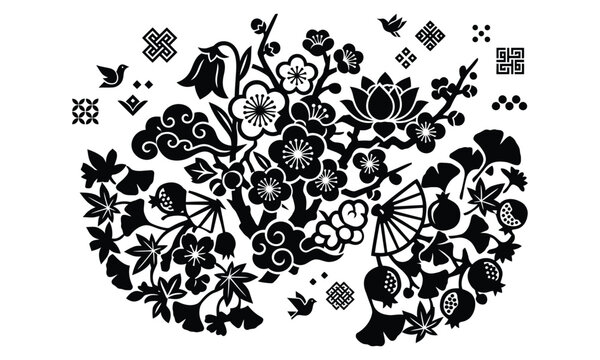 Intricate black and white floral composition featuring traditional asian elements like lotus flowers plum blossoms ginkgo leaves and decorative geometric patterns arranged into a beautiful artistic di