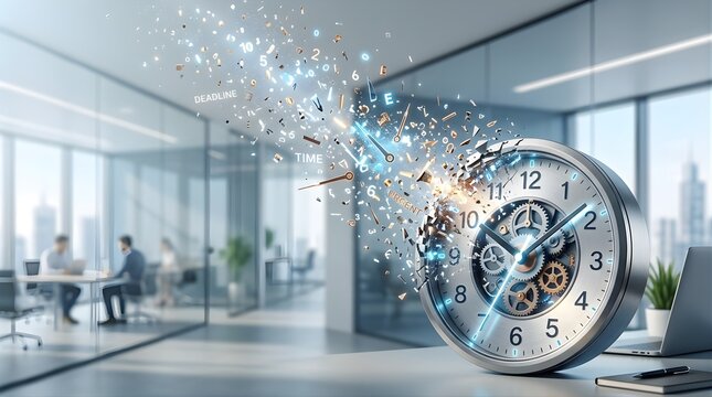 Exploding clock shattering in office representing deadline pressure and urgency