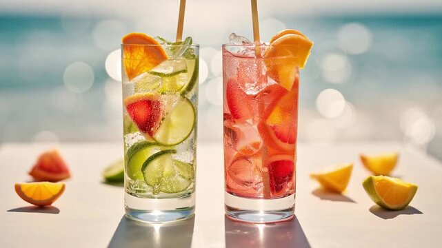 Two refreshing cocktails with lime, strawberry and orange slices on seaside bar table. Summer beach mocktail menu, tropical fruit drink, vacation lifestyle and resort concept.