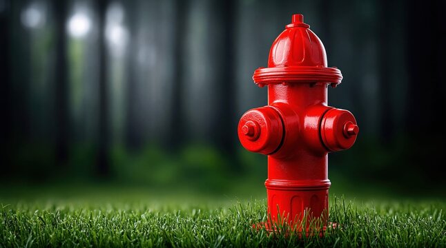 Red hydrant amidst green grass and dark trees