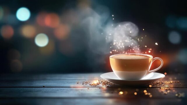 Steaming cup of coffee with glowing bokeh in cozy atmosphere