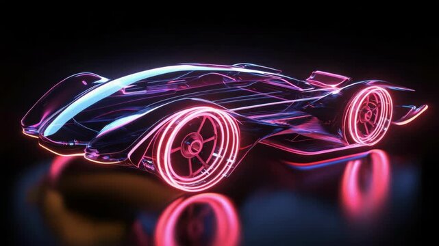 Futuristic neon-glowing concept car design in dark studio setting
