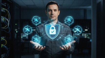 Fototapeta premium IT Professional Presents Digital Cybersecurity Shield & Data Protection