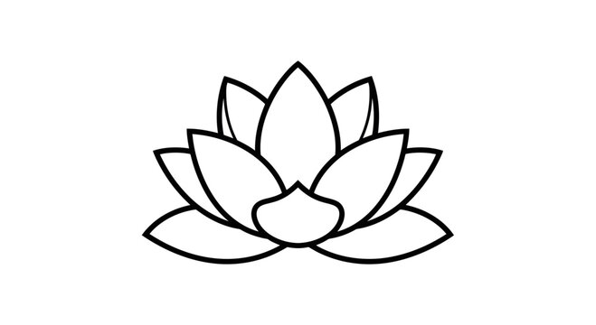 Elegant black and white line art illustration of a blooming lotus flower, symbolizing purity and enlightenment
