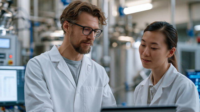 Synthetic biology industrial fermentation facility showing metabolic engineering team reviewing titer improvement data from novel biosynthetic pathway strain, pilot scale