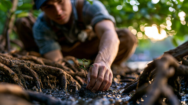 Lush mangrove roots emerge from shallow coastal water at World Environment Day dawn, a conservation volunteer in waders planting a seedling into soft mud, sunlight fracturing through dense green can