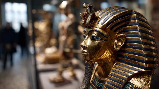 Golden Egyptian pharaoh mask in museum display