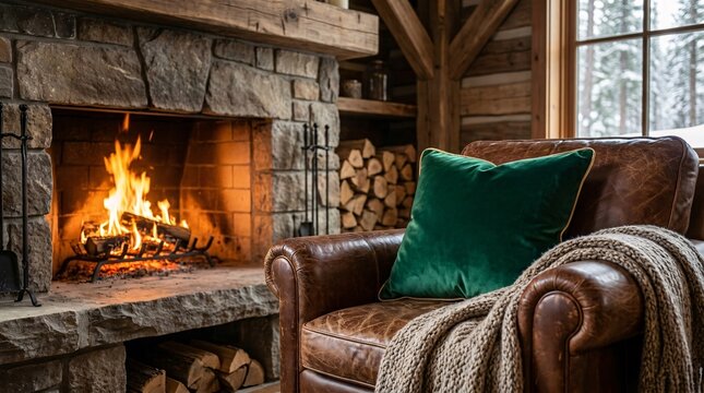 Plush emerald green velvet throw pillow resting on a distressed brown leather armchair next to a roaring stone fireplace inside a cabin.