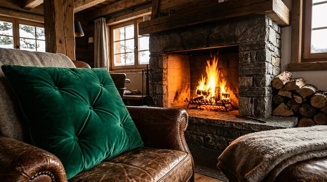 Plush emerald green velvet throw pillow resting on a distressed brown leather armchair next to a roaring stone fireplace inside a cabin.