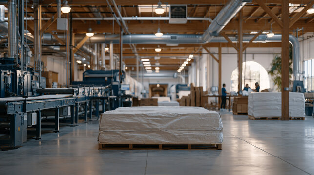 Wide industrial establishing view of mycelium composite manufacturing plant showing agricultural substrate preparation area, fungal inoculation conveyor, temperature controlled