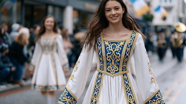 Irish step dancers in traditional embroidered costumes mid-performance on a rain-slicked street, parade spectators pressing forward on the curb, a brass band visible further back,