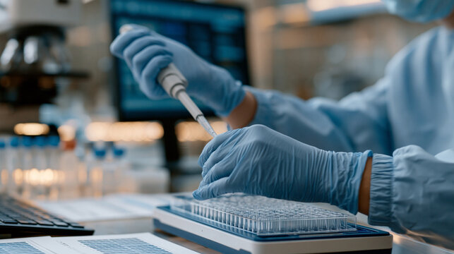 CRISPR base editing workstation close up of gloved hands precisely loading micropipette into gel electrophoresis apparatus, molecular biology reagents arranged beside sequencing
