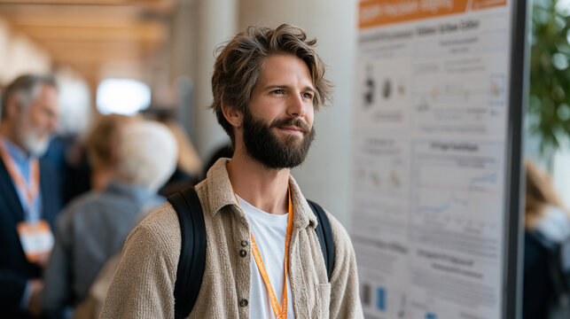 CRISPR precision editing research poster presentation at academic genetics conference, doctoral student standing beside large format display showing base editor mechanism