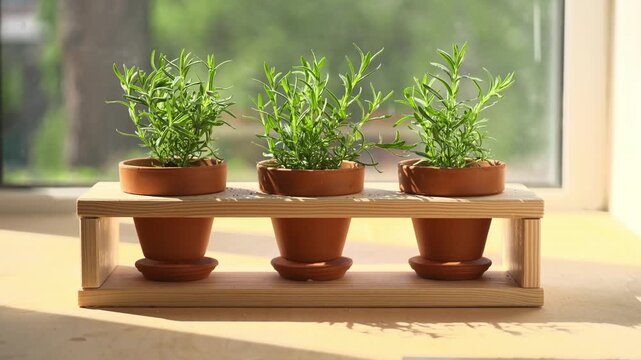 Fresh rosemary herbs growing in small terracotta pots on a wooden stand near a sunny window. Cozy indoor gardening scene with natural light, home decor and aromatic kitchen plants.