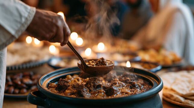 Over the shoulder view of a Moroccan-American family patriarch ladling fragrant lamb stew into ceramic bowls during Eid celebration feast, steam rising from the pot, relatives