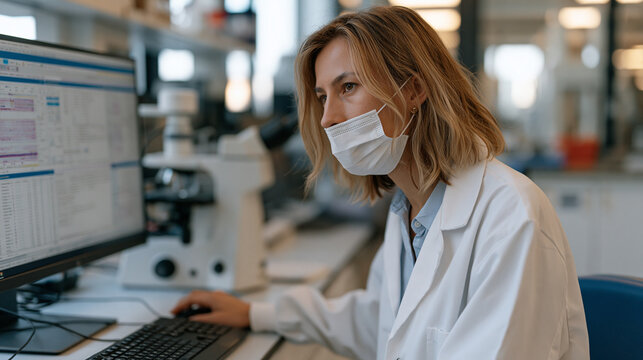 mRNA manufacturing quality control laboratory showing analytical chemist reviewing RNA integrity gel results, spectrophotometer readings, and encapsulation efficiency assay data