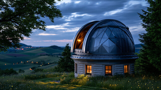 Twilight blue hour falls over a remote observatory dome on a quiet rural hilltop, a single warm amber light glowing from inside the dome slit, fireflies dotting the surrounding meadow as long shadow