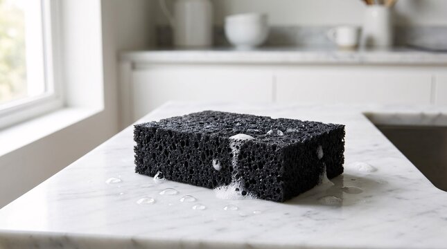 Sleek charcoal infused black cleaning sponge resting on a pristine white marble kitchen countertop, surrounded by tiny water droplets.