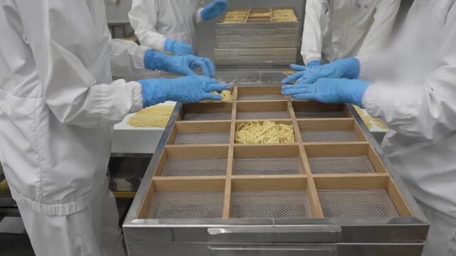 Workers in white coats and blue gloves sorting fresh noodles into wooden compartment trays at noodle factory