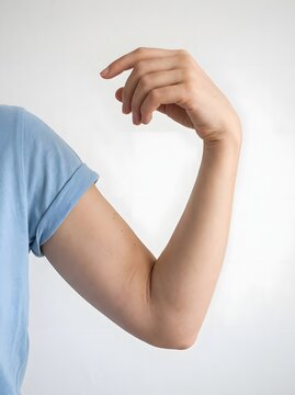 Close up of human arm bent with hand gesture against a plain white background