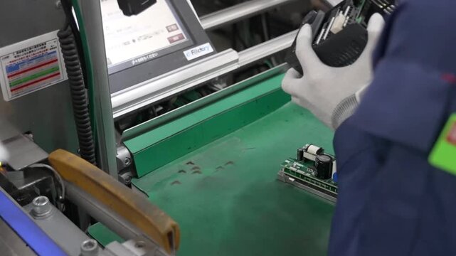 Factory worker assembling electronic inverter drive unit with PCB board and display panel at production workstation
