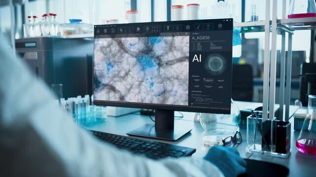Scientist in Lab Coat Reviews AI Microscopy Infographics on Desktop Monitor in Biotech Lab, Interpreting Blue Cell Clusters for Disease Research, drug, discovery and Diagnostics. Static Over-shoulder