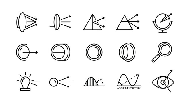 Science and optics icons set lenses prisms light rays and related symbols