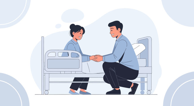Caring man holds hand of woman in hospital bed, comfort and support