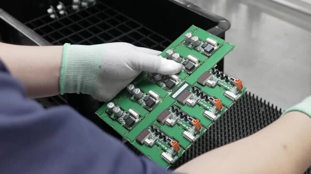 Worker holding assembled green PCB panel with multiple small circuit boards and orange connectors at workstation