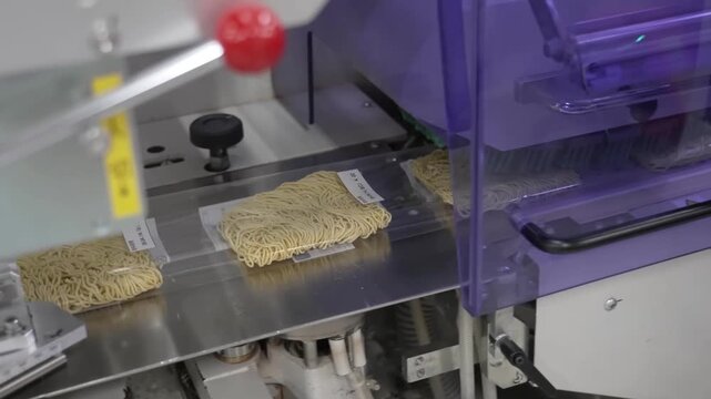 Automated noodle packaging machine wrapping and sealing fresh noodle blocks on high speed production conveyor line