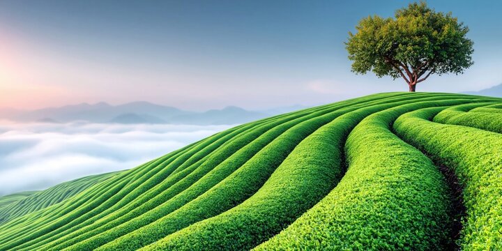 Emerald waves of tea fields meet the misty horizon