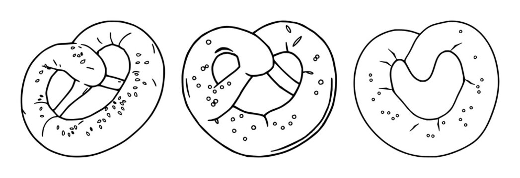 Soft pretzel set with a two-dimensional flat vector illustration featuring salt crystals, bakery theme, and bold black outlines with an isolated white background