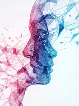 Abstract polygonal face with vibrant blue and pink colors, depicting technology.