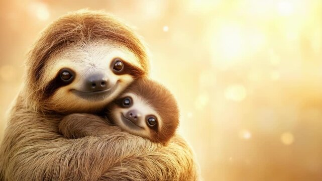 Adorable sloth pair embracing in warm sunlight. Mother's Day, Mothering Sunday, Dia de la Madre - Global Maternal Celebration, Worldwide Family Holiday