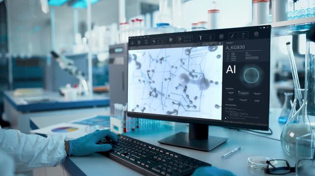 Scientist in Sterile Laboratory Types on Computer Analyzing AI Medical Infographics and Molecular Data for Disease Cure, Precision Medicine and Healthcare Optimization, Medium Close-up Shot.