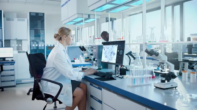 Female Scientist Compares Microscope Slides With AI Infographics on Lab Computer in a Bright Biomedical laboratory, lab, Advancing Disease Cure, Biomarker Discovery and Precision Medicine. Static Shot
