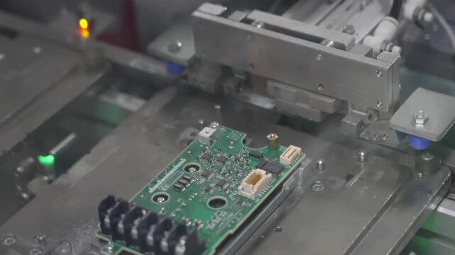 Automated machine performing functional testing on small PCB board with indicator lights in production facility