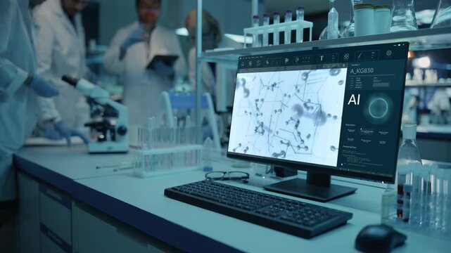 AI Medical Graphics Run on a Computer Display Near a Microscope, In Background Multiethnic Team Works, Analysing Cell Data for Diagnosis, Drug Discovery and Disease Cure. Static Wide Shot.