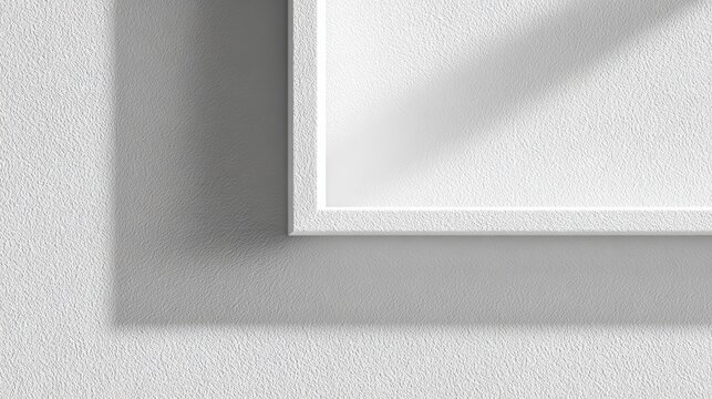 Minimal white picture frame corner casting soft shadow on textured wall with copy space