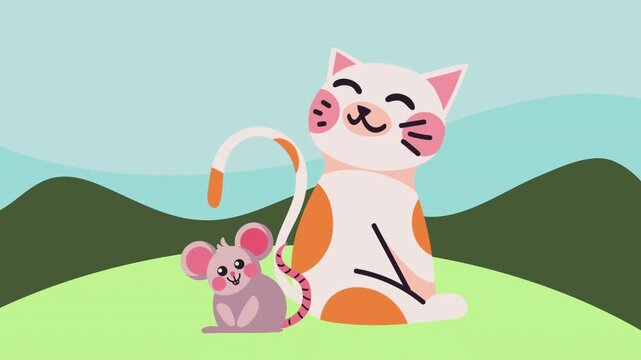 Cute Cartoon Cat and Mouse Sitting Together in a Meadow